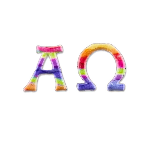 Verzierwachsmotiv Alpha+ Omega Regenbogen 1,6 x 1,9 cm