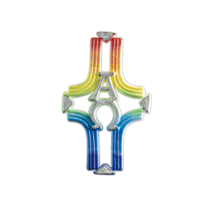 Wachsmotiv Kreuz mit A+O Regenbogenfarben | 8x4,7cm