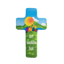 Wachsmotiv Kreuz mit Dorf u. Sonne 9,7x6cm, zum Kerzen...