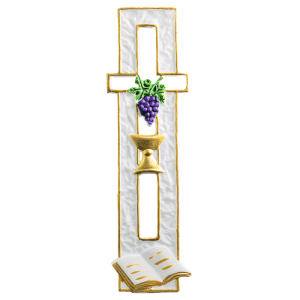 Wachsmotiv Kommunionkerze - Edles Emblem mit Bibel, Kelch und Traube, gold bunt