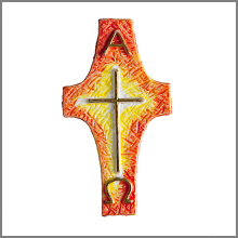 Wachsmotiv Kreuz mit Alpha u. Omega, gelb-orange-gold