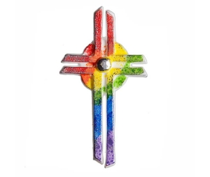Wachsmotiv Plastisch gestaltetes Kreuz mit Regenbogenfarben