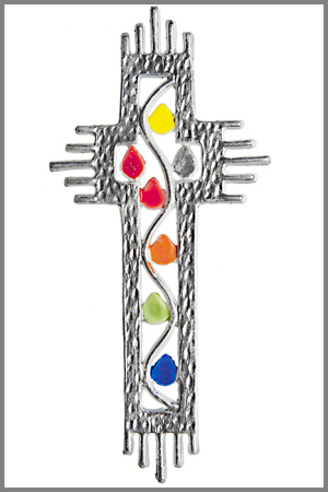 Wachsmotiv Silbernes Kreuz mit bunten Tropfen