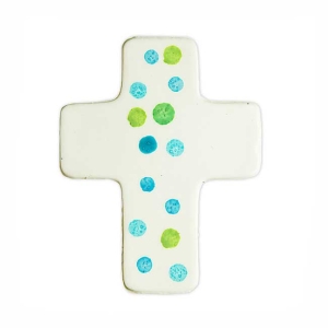 Wachsmotiv Weißes Kreuz mit türkis-grünen Tupfern
