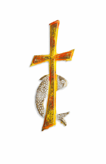 Wachsmotiv Kreuz mit Fisch, orange gelb-gold