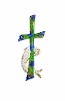 Wachsmotiv Kreuz mit Fisch, grün-blau-gold