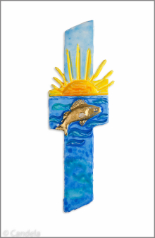 Wachsmotiv Taufkerze - Taufkreuz mit Sonne u. Fisch