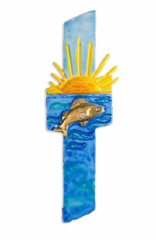 Wachsmotiv Taufkerze - Taufkreuz mit Sonne u. Fisch