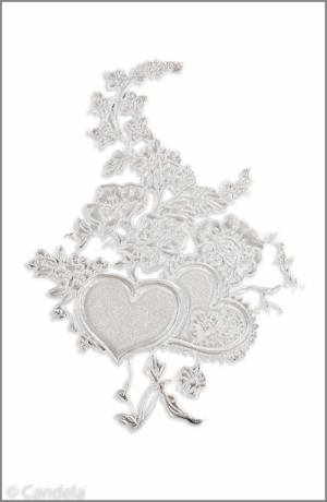 Wachsmotiv Hochzeitskerze - Blumen-Bukett mit 2 Herzen weiß-perlmutt