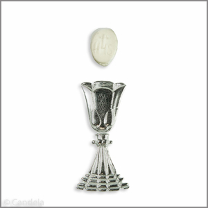 Wachsmotiv Kommunionkerze - Kelch mit weißer Hostie silber